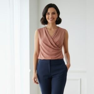 NWT, RW &CO US M FeminineTop Sleeveless Draped Blouse dusty rose Office Chic